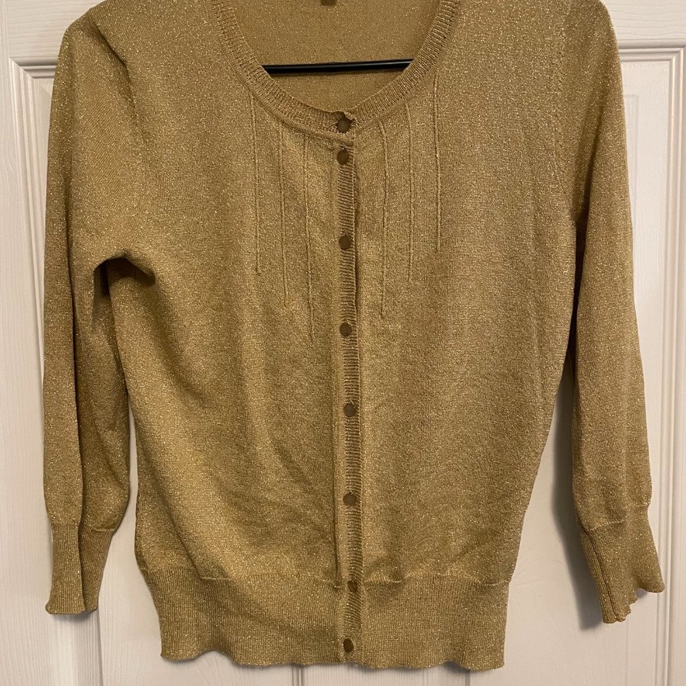 Gold metallic Sparkle Cardigan by Cable & Gauge